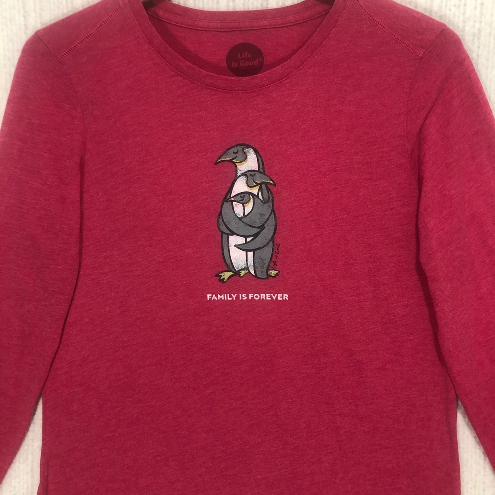 Life is Good Womens Penguin‎ Family Is Forever Cool Tee Pink Long Sleeve Shirt M